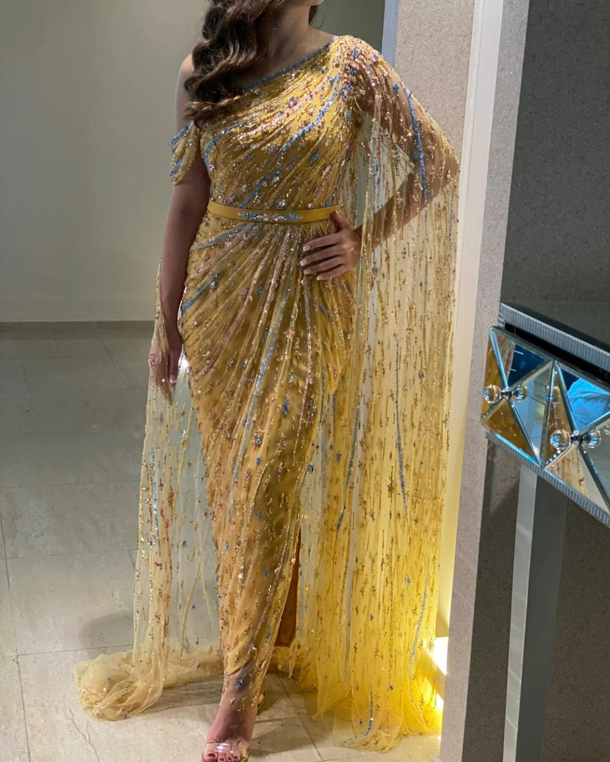 Luxury Yellow Beaded One Shoulder Yellow Evening Dress with Cape SS423