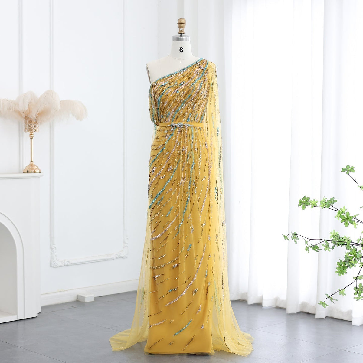 Luxury Yellow Beaded One Shoulder Yellow Evening Dress with Cape SS423