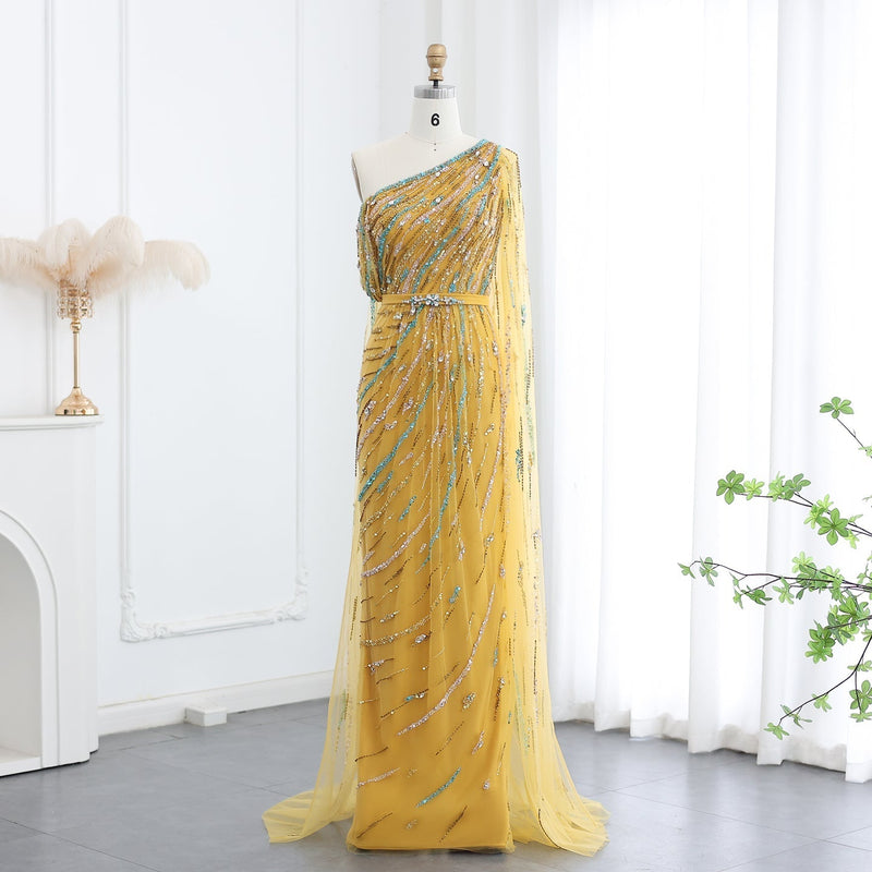 Luxury Yellow Beaded One Shoulder Yellow Evening Dress with Cape SS423