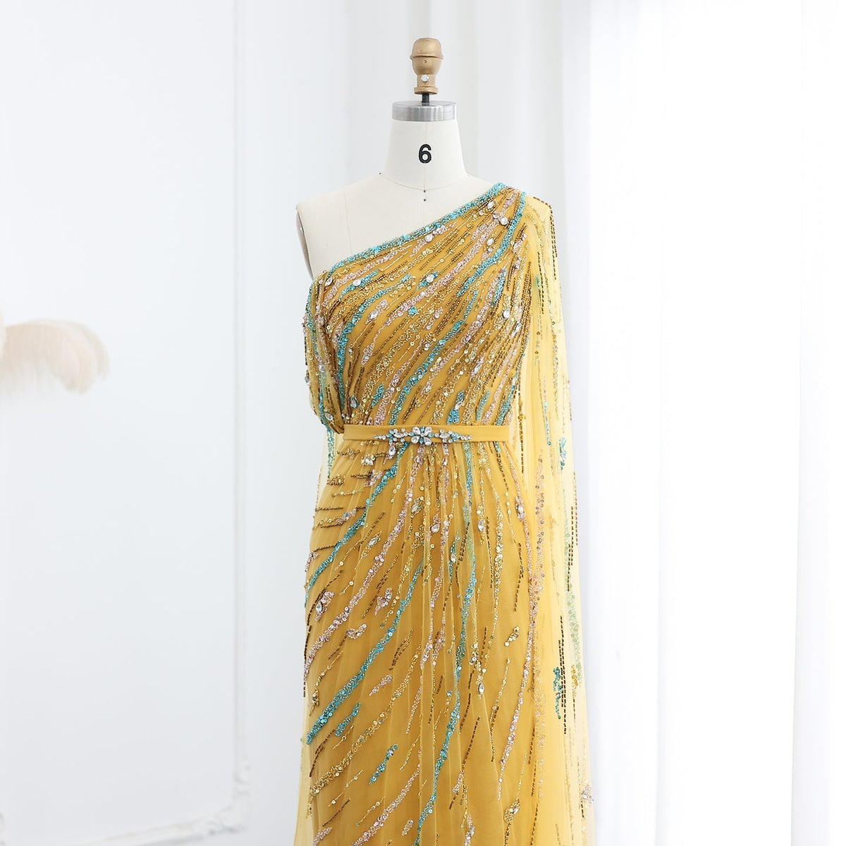 Luxury Yellow Beaded One Shoulder Yellow Evening Dress with Cape SS423