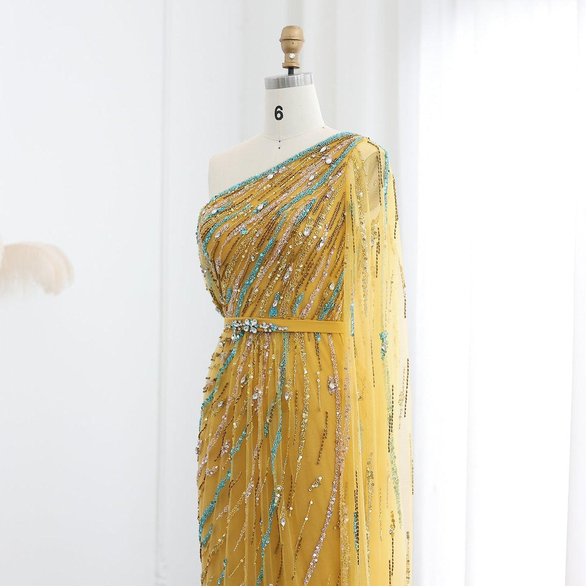 Luxury Yellow Beaded One Shoulder Yellow Evening Dress with Cape SS423