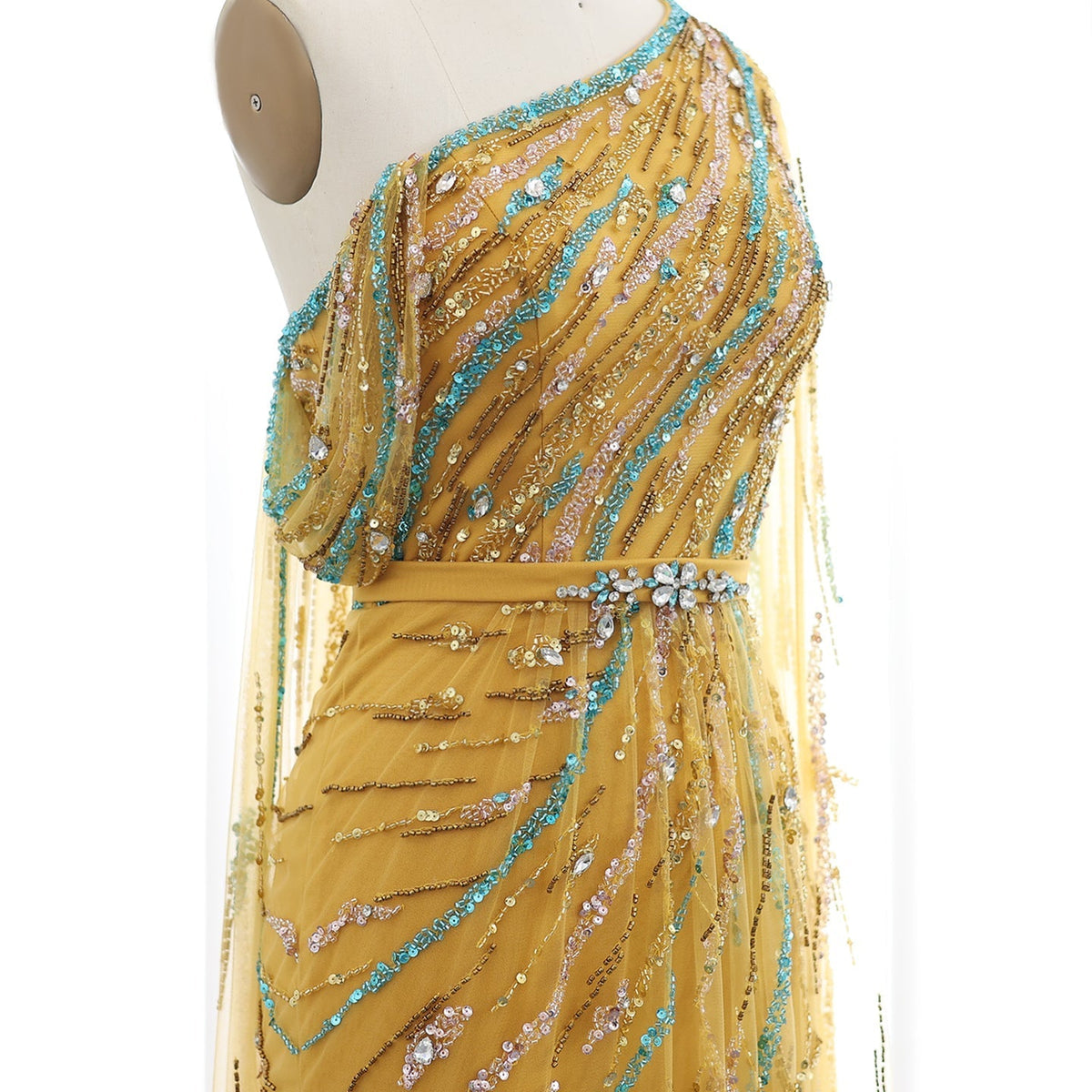 Luxury Yellow Beaded One Shoulder Yellow Evening Dress with Cape SS423