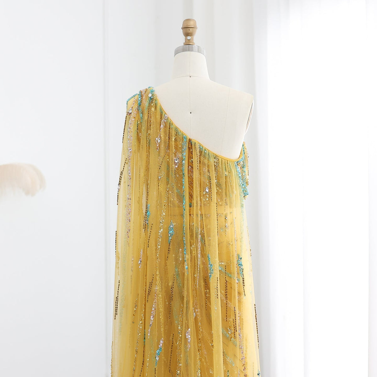 Luxury Yellow Beaded One Shoulder Yellow Evening Dress with Cape SS423