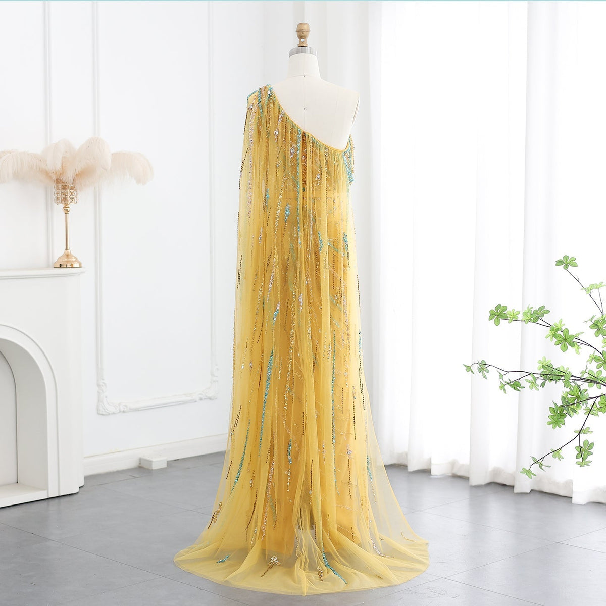 Luxury Yellow Beaded One Shoulder Yellow Evening Dress with Cape SS423