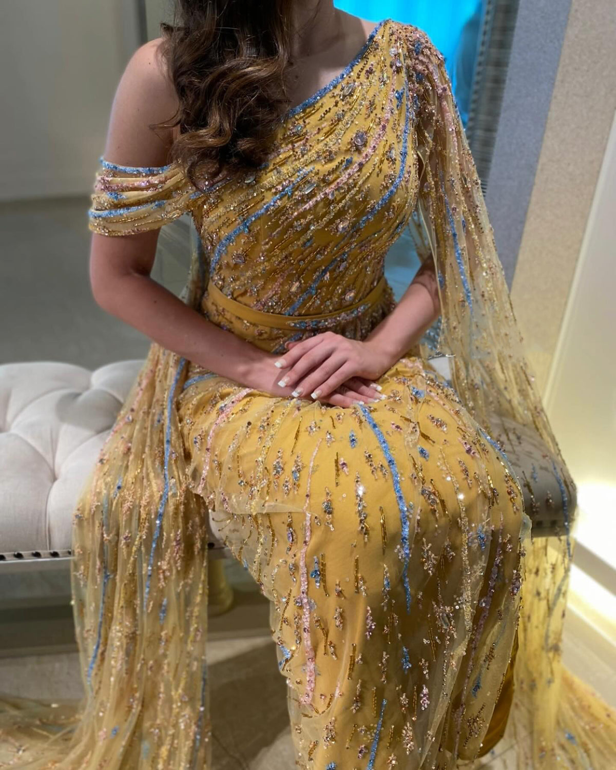 Luxury Yellow Beaded One Shoulder Yellow Evening Dress with Cape SS423