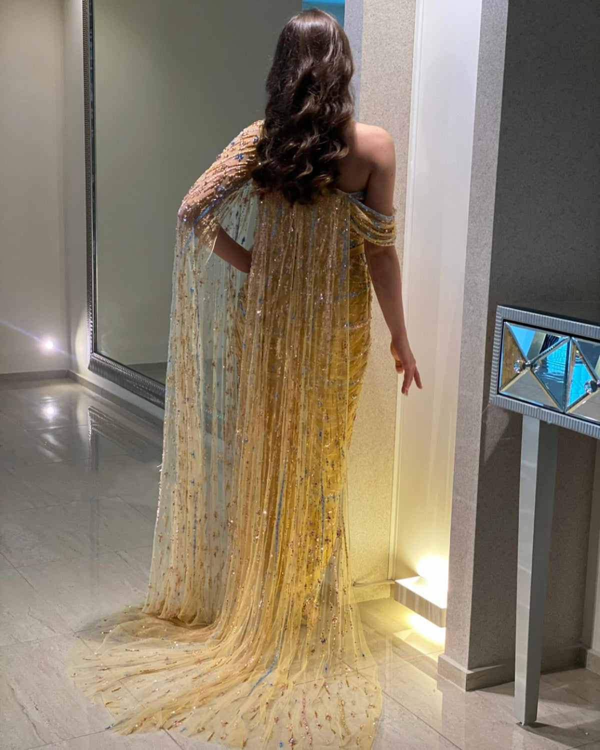 Luxury Yellow Beaded One Shoulder Yellow Evening Dress with Cape SS423