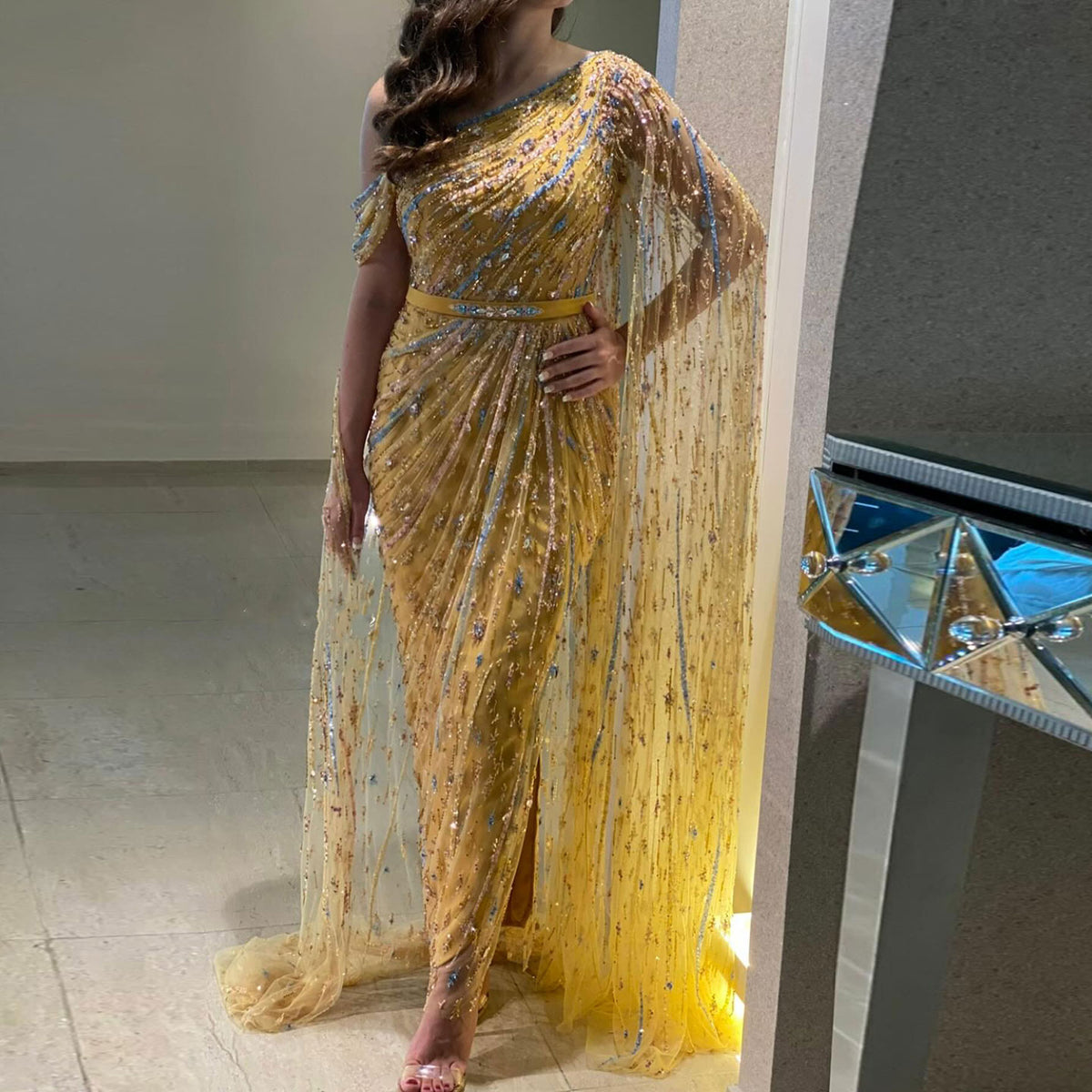 Luxury Yellow Beaded One Shoulder Yellow Evening Dress with Cape SS423