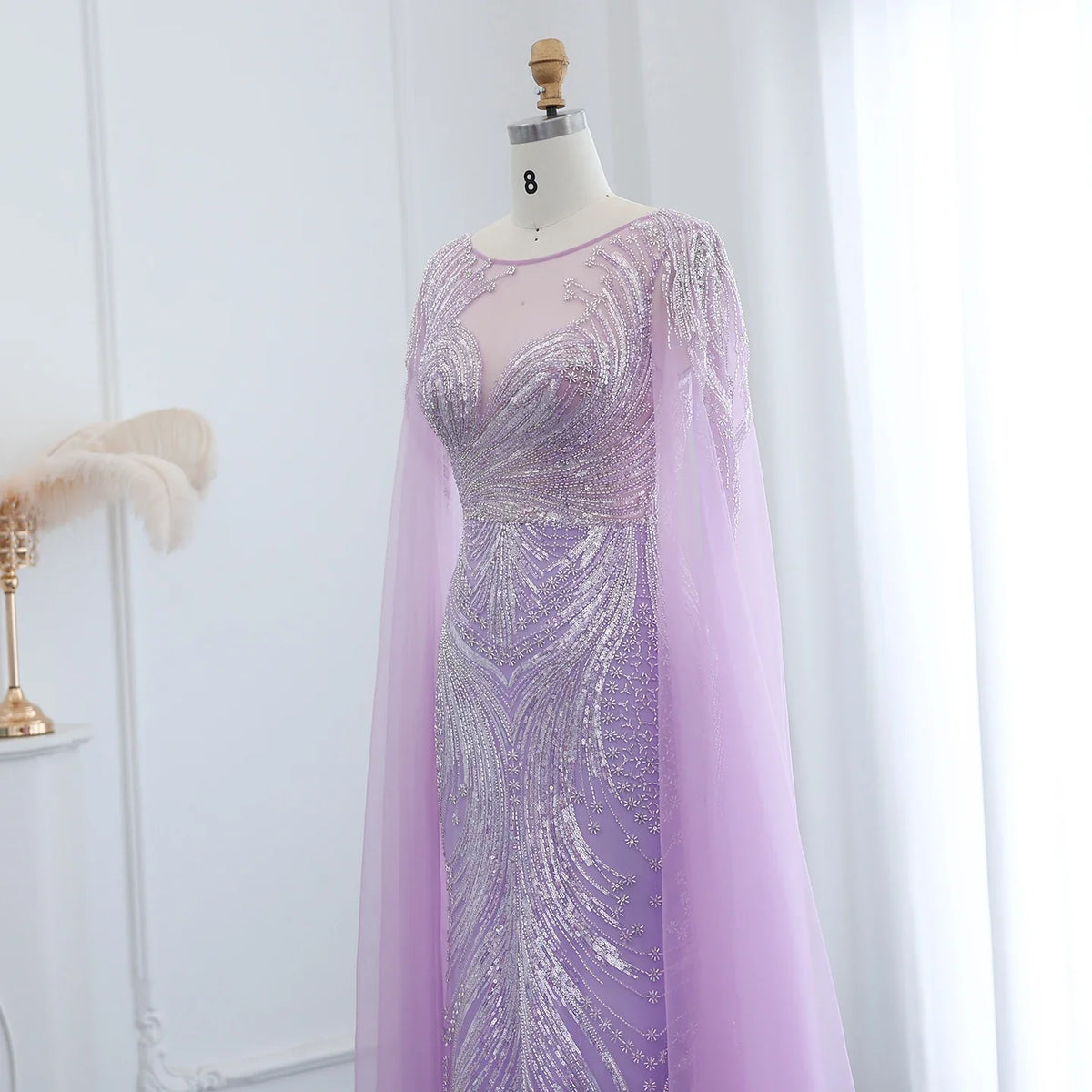 Luxury Yellow Lilac Evening Dress with Cape Sleeves SS049