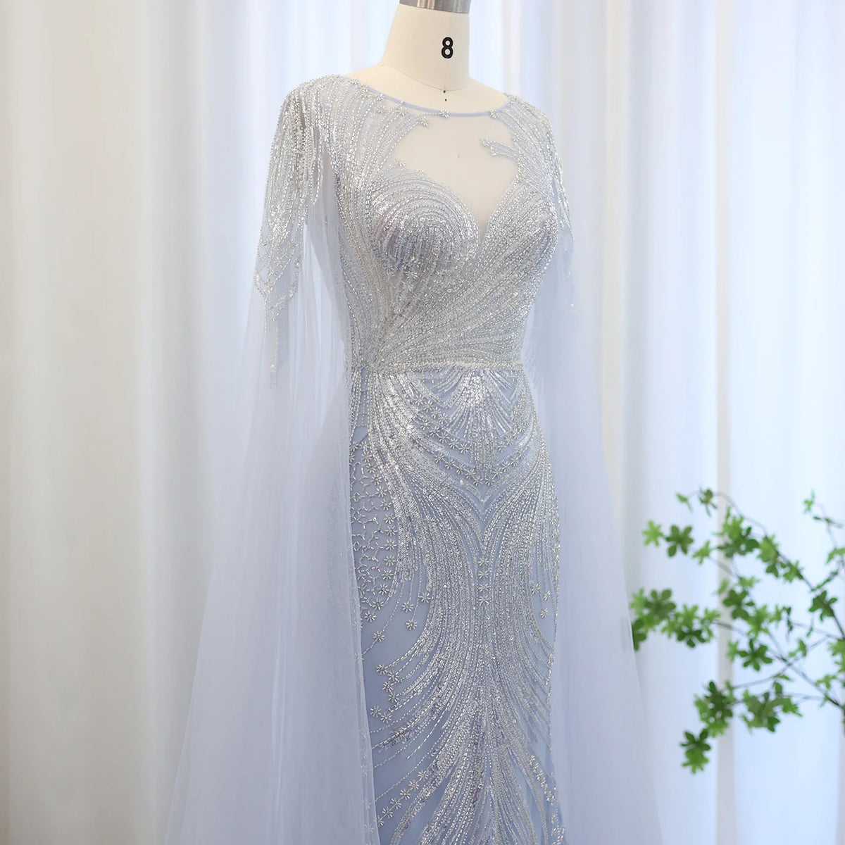 Luxury Yellow Lilac Evening Dress with Cape Sleeves SS049