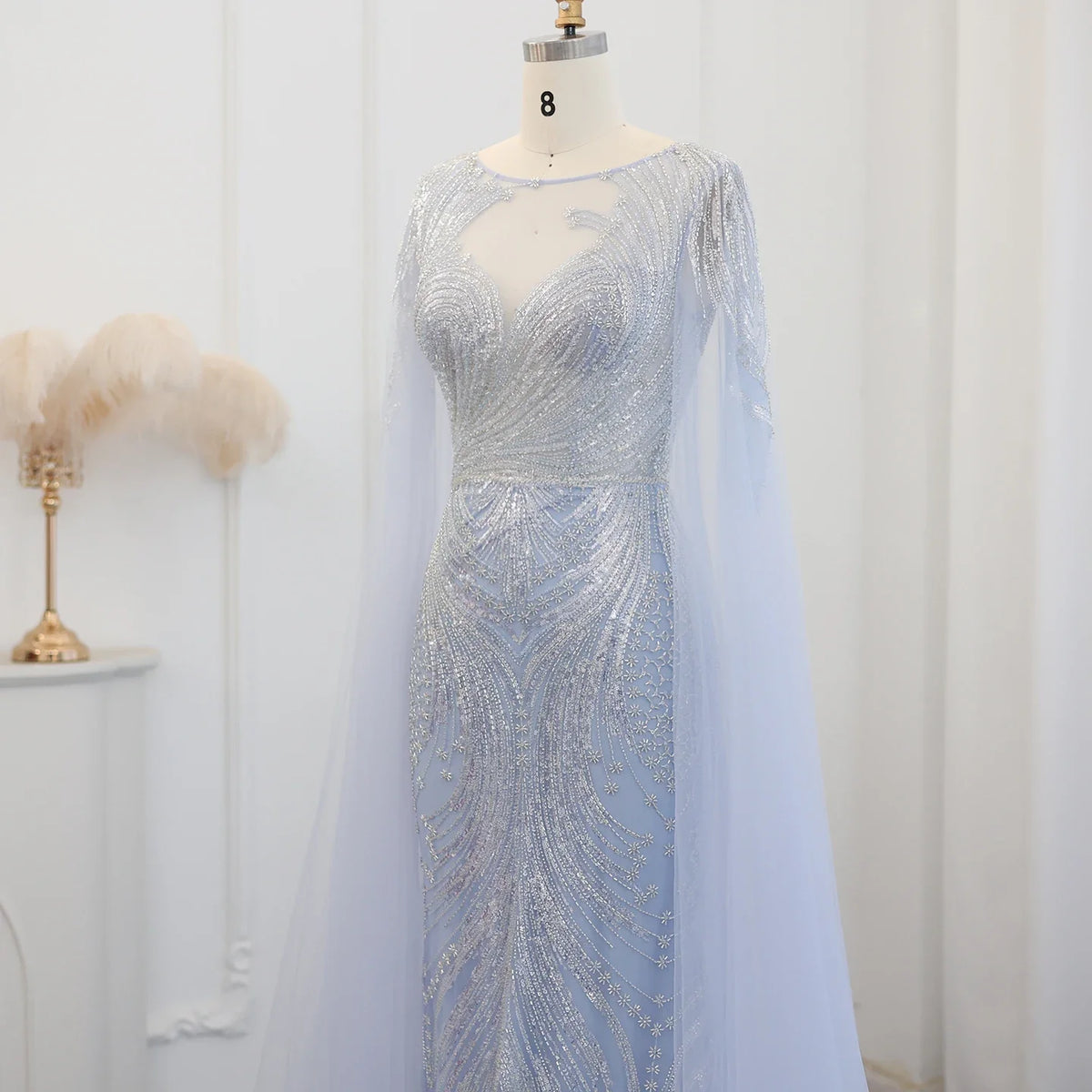 Luxury Yellow Lilac Evening Dress with Cape Sleeves SS049
