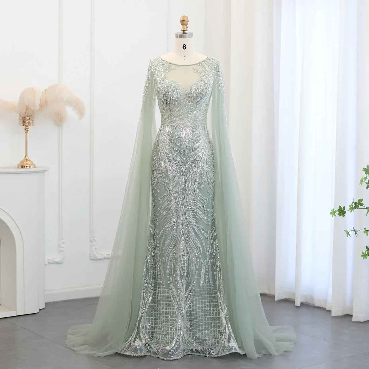 Luxury Yellow Lilac Evening Dress with Cape Sleeves SS049