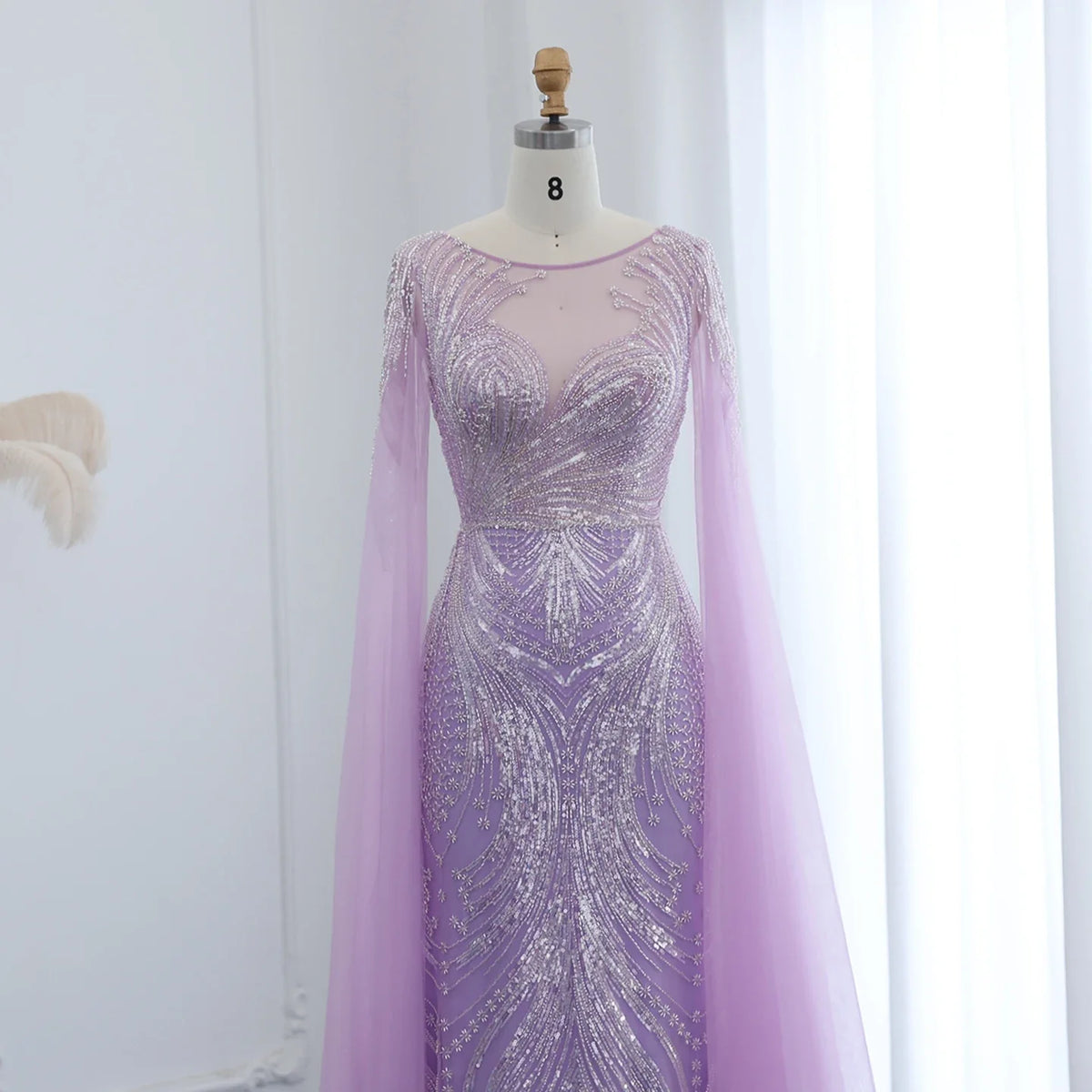 Luxury Yellow Lilac Evening Dress with Cape Sleeves SS049
