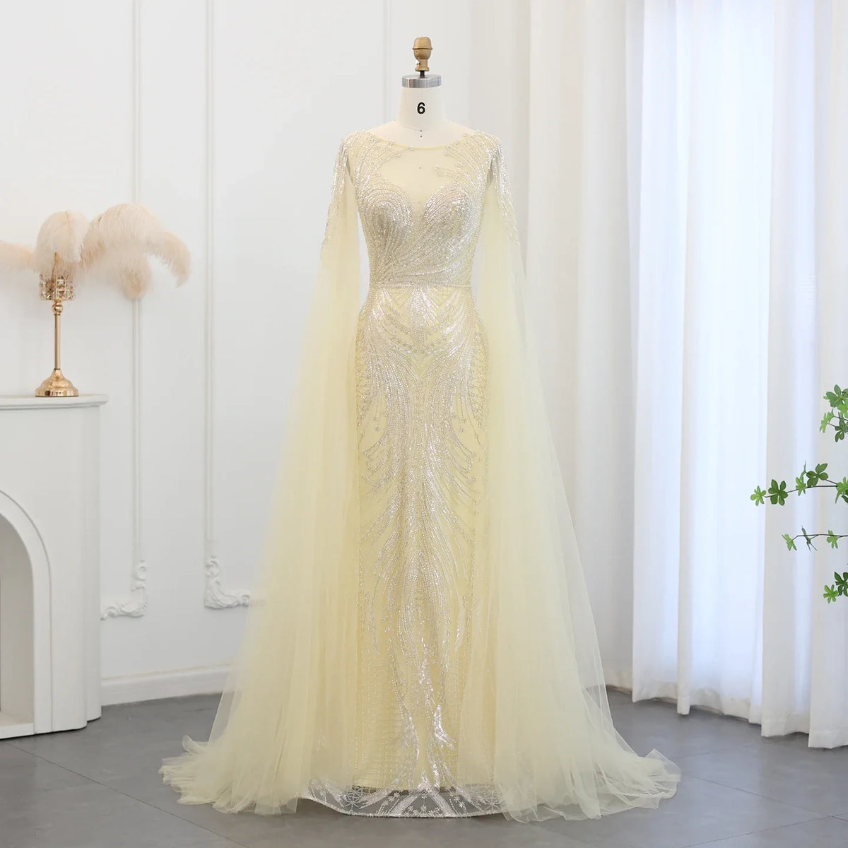 Luxury Yellow Lilac Evening Dress with Cape Sleeves SS049
