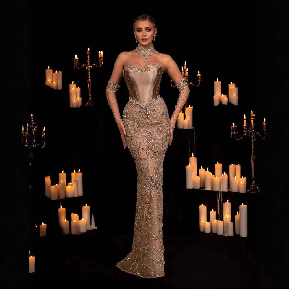 Glamorous Champagne Mermaid Gown with Beaded Details, Scarf and Gloves Jill Wish Glamorous Champagne Mermaid Gown with Beaded Details, Scarf and Gloves Jill Wish
