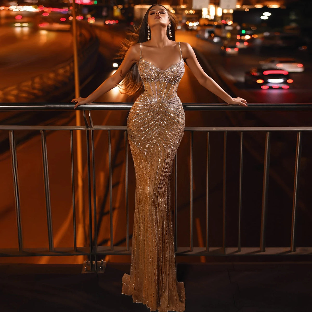 Luxury Champagne Mermaid Gown Beaded Spaghetti Straps Prom Dress SS292