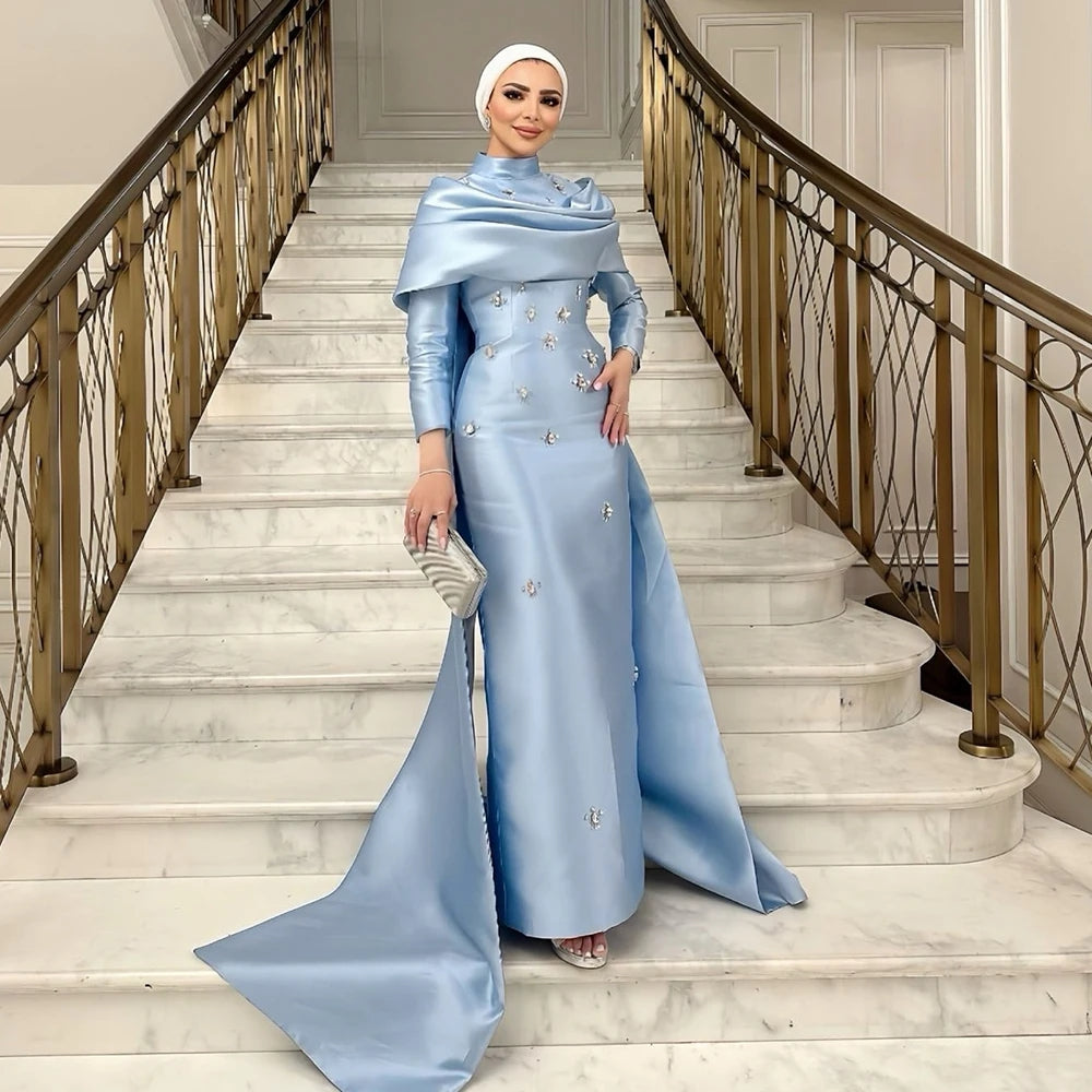 Elegant High Neck Long Sleeve Muslim Gown with Overskirt Crystal SS271
