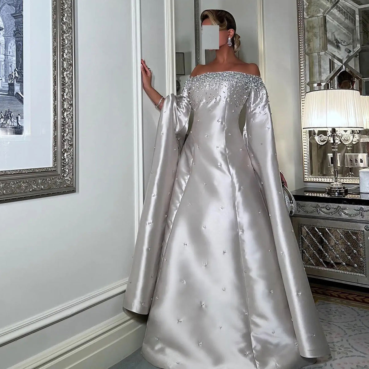 Elegant Off Shoulder Gray Arabic Gown with Cape Sleeve Dubai Wedding Party SS575
