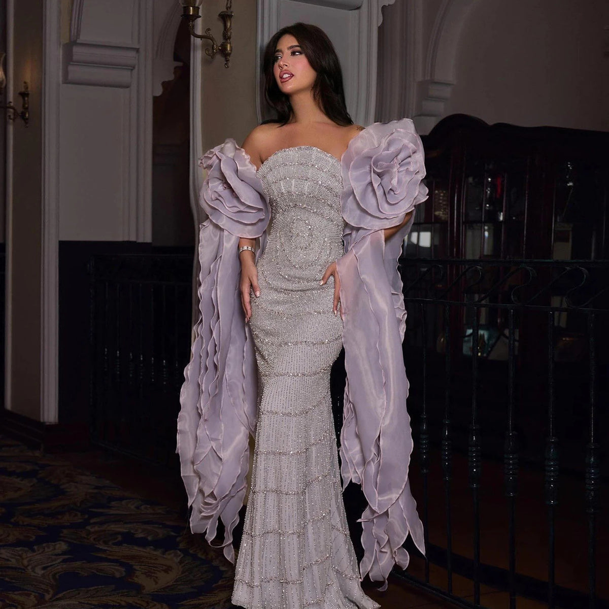 Luxury Mermaid Lilac Arabic Gown with 3D Flower Ruffles SS246