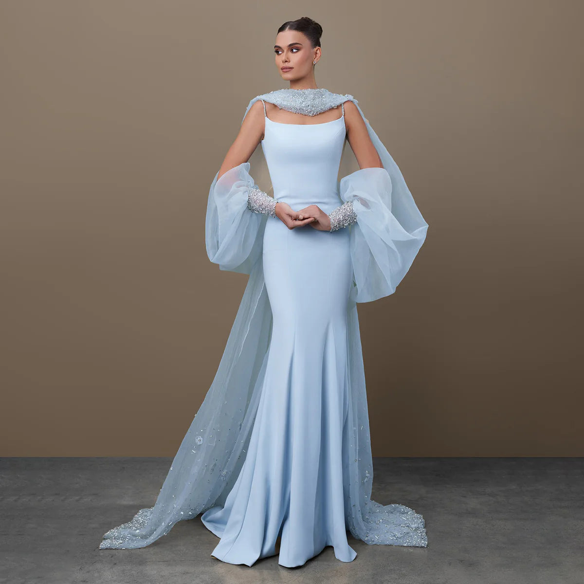 Ethereal Ice Blue with Crystal Details and Draped Chiffon Sleeves Evening Dress SS261