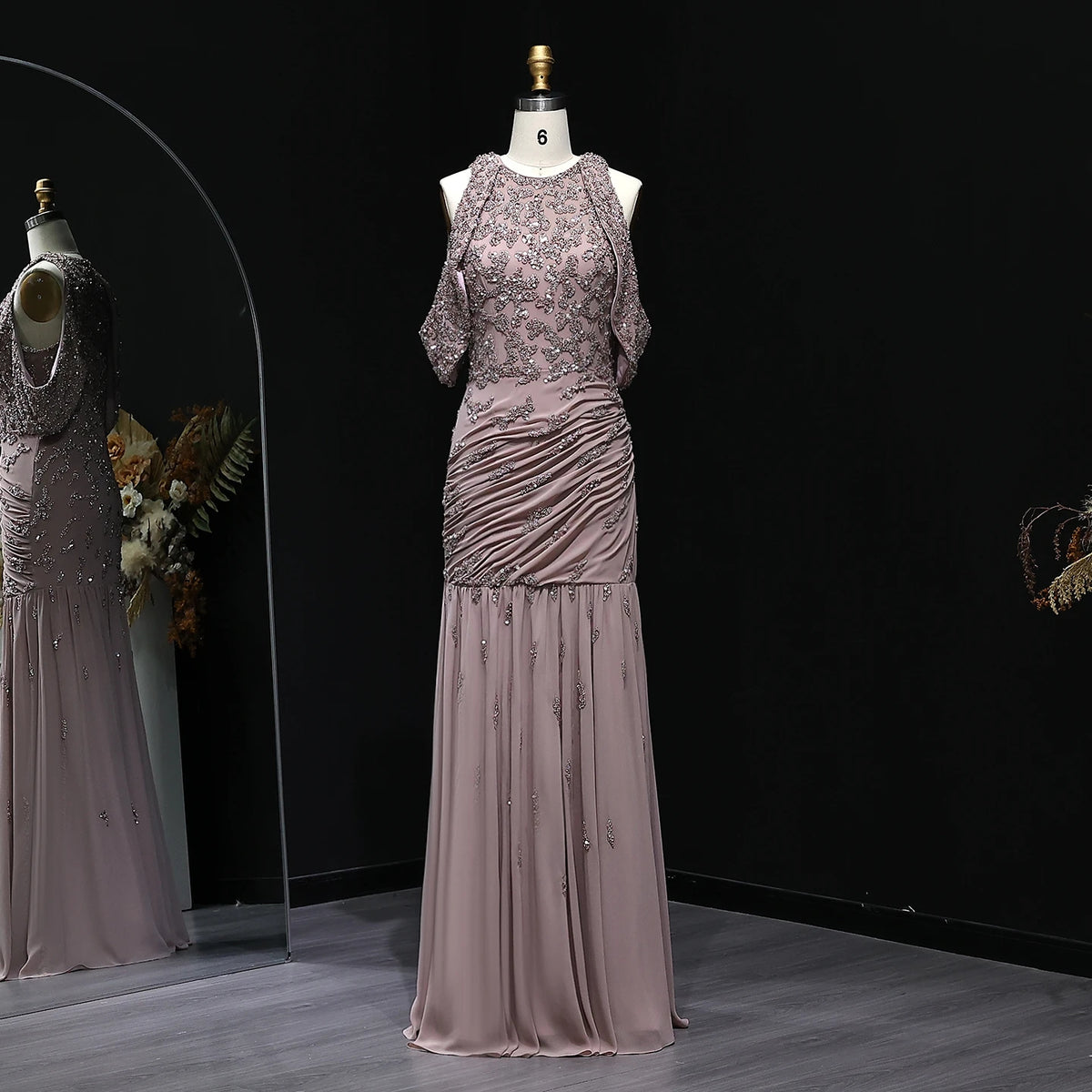 Luxury Beaded Off Shoulder Mauve Evening Dress SS559