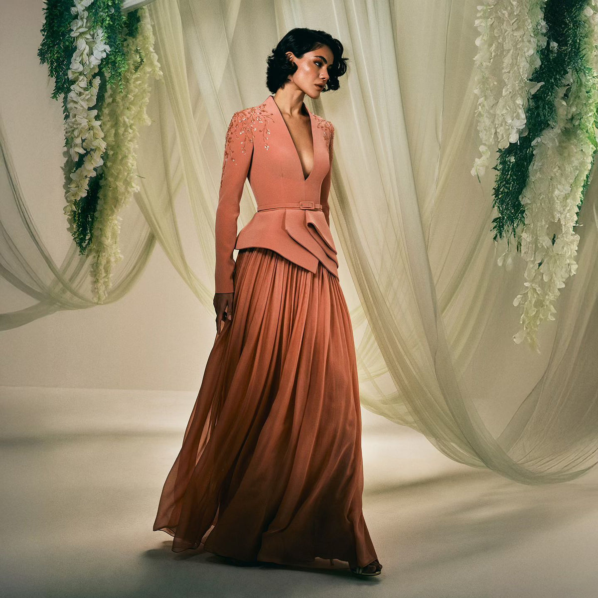 Elegant Long Sleeve Brown Beaded Evening Dress SS216