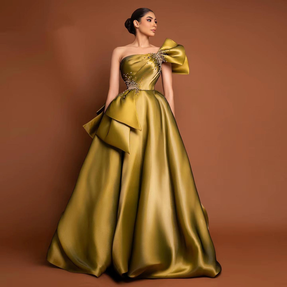 Gold One Shoulder Arabic Evening Dress Dubai Pink Lilac SS592