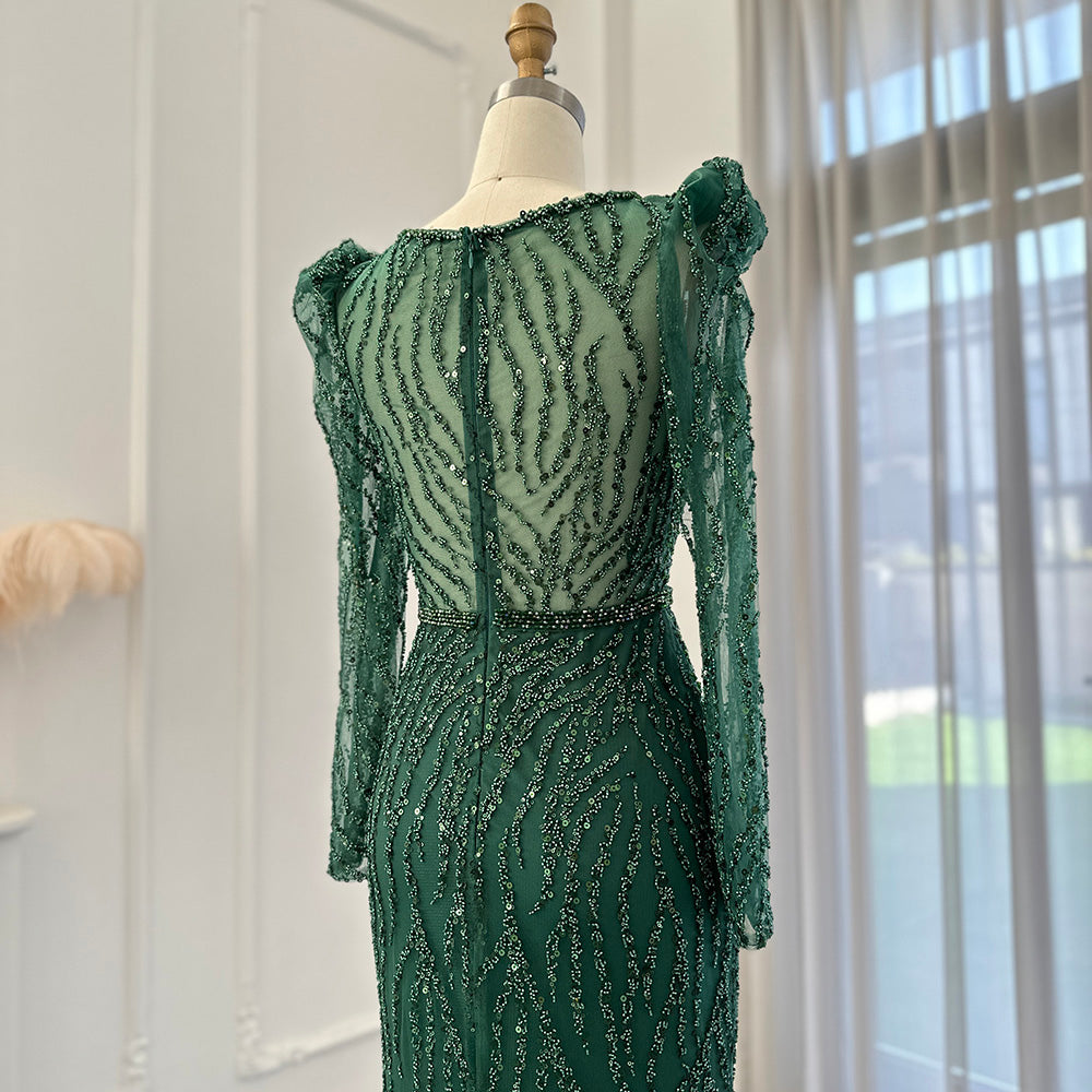 Navy Blue Mermaid Evening Dress for Women Wedding Elegant Emerald Green Long Sleeves Arabic Formal Party Gowns SS099