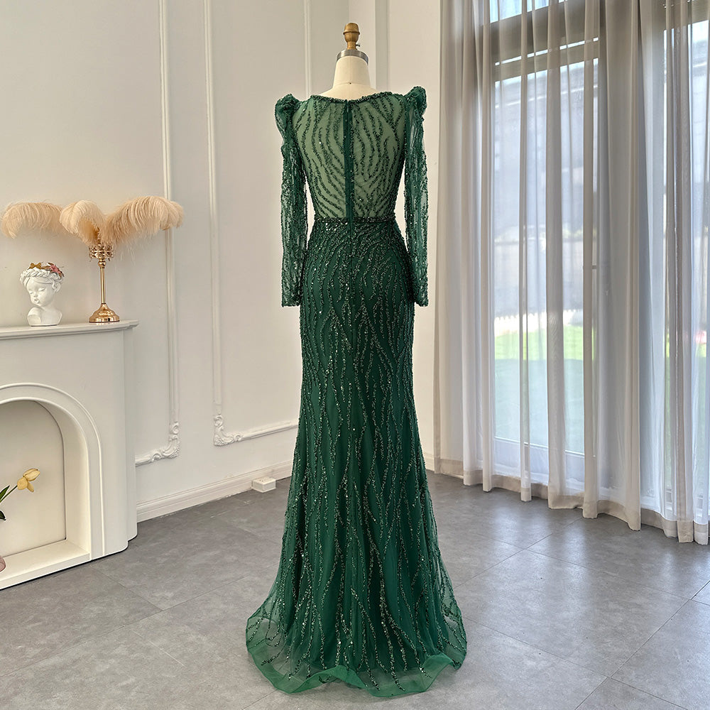 Navy Blue Mermaid Evening Dress for Women Wedding Elegant Emerald Green Long Sleeves Arabic Formal Party Gowns SS099