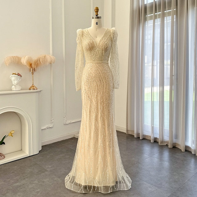 Navy Blue Mermaid Evening Dress for Women Wedding Elegant Emerald Green Long Sleeves Arabic Formal Party Gowns SS099
