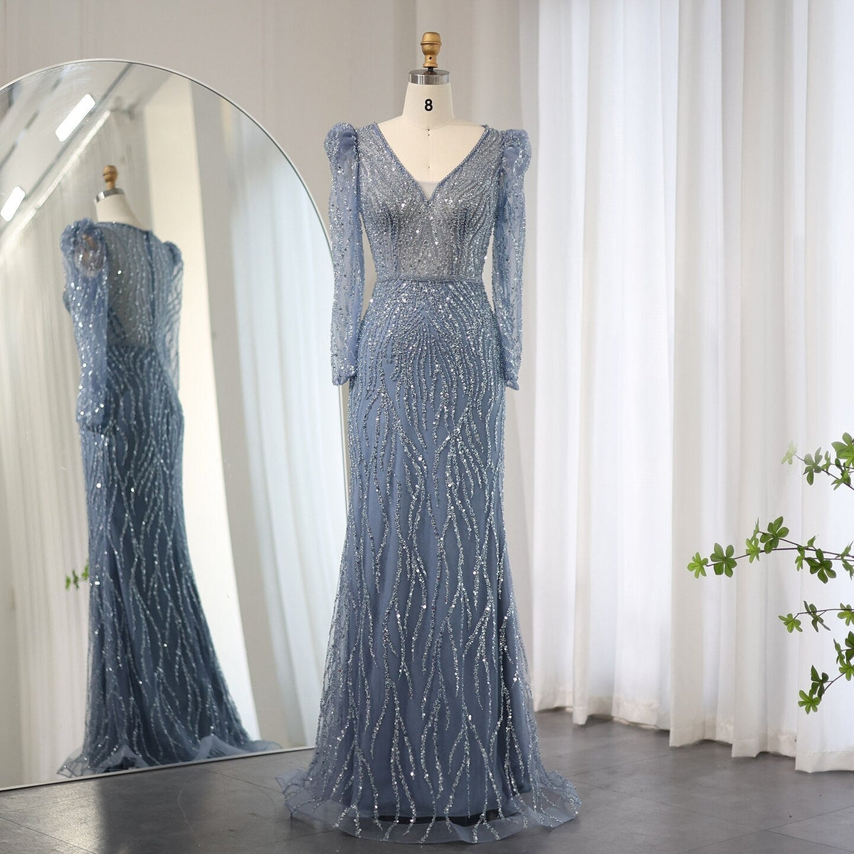 Navy Blue Mermaid Evening Dress for Women Wedding Elegant Emerald Green Long Sleeves Arabic Formal Party Gowns SS099