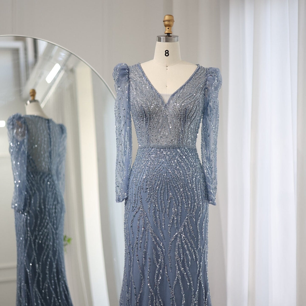 Navy Blue Mermaid Evening Dress for Women Wedding Elegant Emerald Green Long Sleeves Arabic Formal Party Gowns SS099