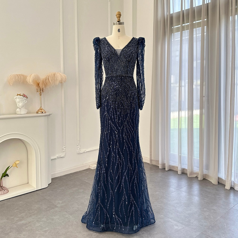Navy Blue Mermaid Evening Dress for Women Wedding Elegant Emerald Green Long Sleeves Arabic Formal Party Gowns SS099
