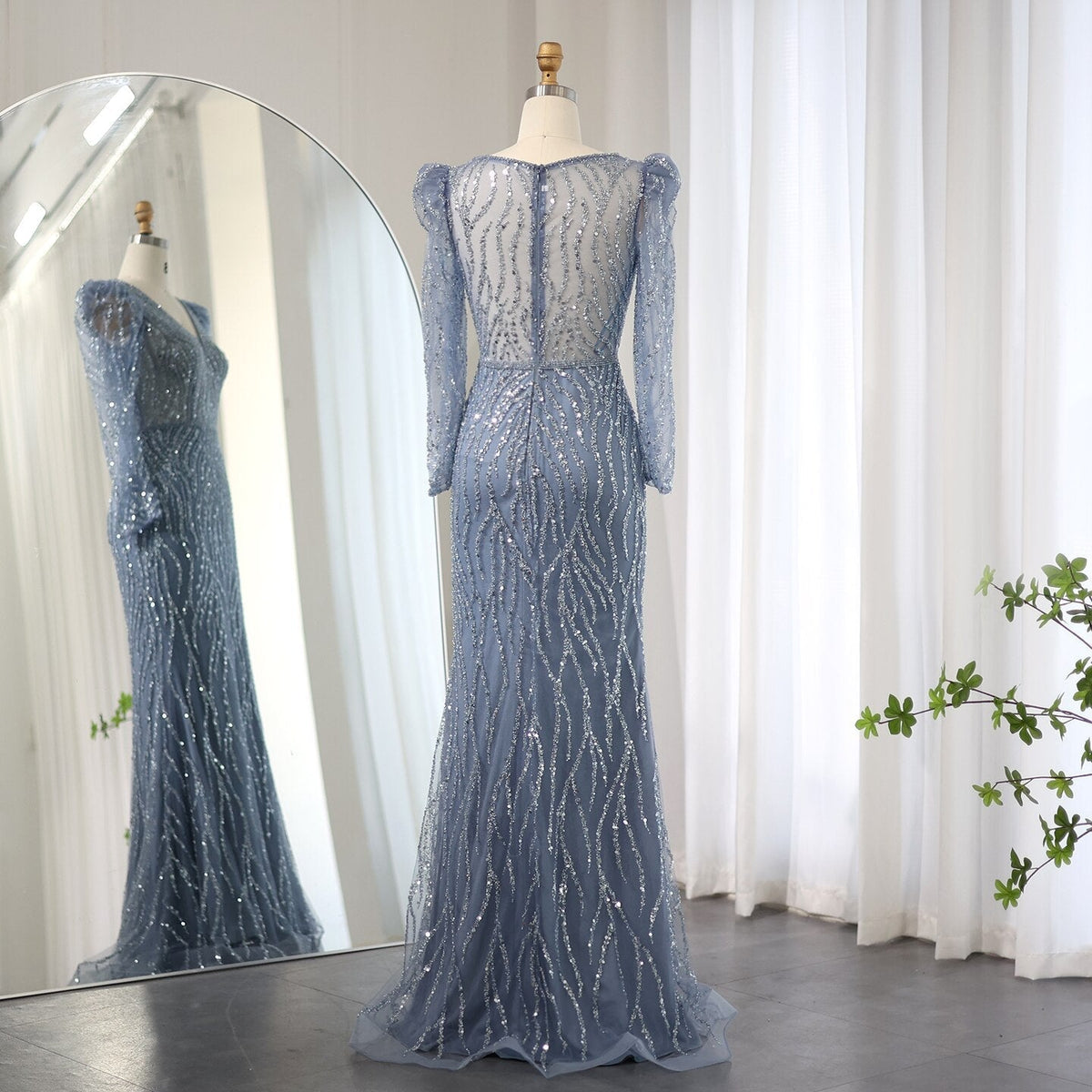 Navy Blue Mermaid Evening Dress for Women Wedding Elegant Emerald Green Long Sleeves Arabic Formal Party Gowns SS099