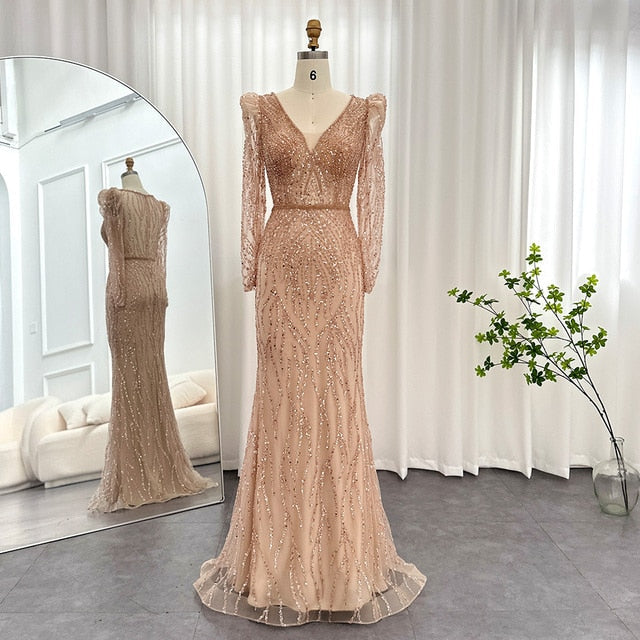 Navy Blue Mermaid Evening Dress for Women Wedding Elegant Emerald Green Long Sleeves Arabic Formal Party Gowns SS099