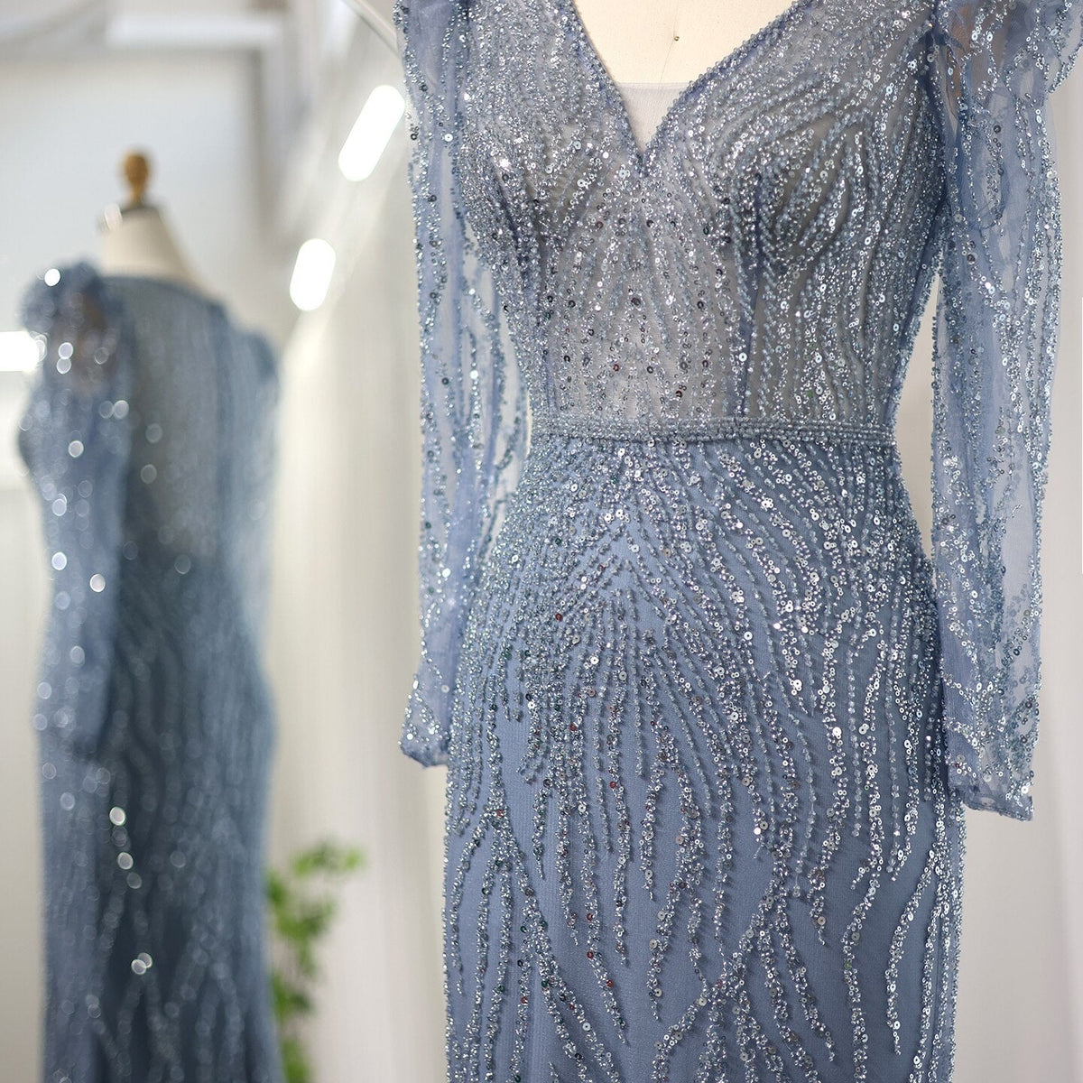 Navy Blue Mermaid Evening Dress for Women Wedding Elegant Emerald Green Long Sleeves Arabic Formal Party Gowns SS099