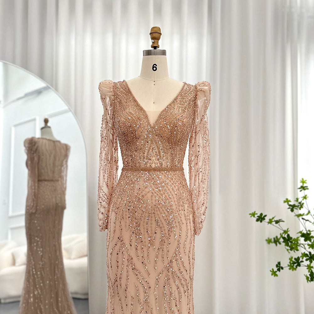 Navy Blue Mermaid Evening Dress for Women Wedding Elegant Emerald Green Long Sleeves Arabic Formal Party Gowns SS099
