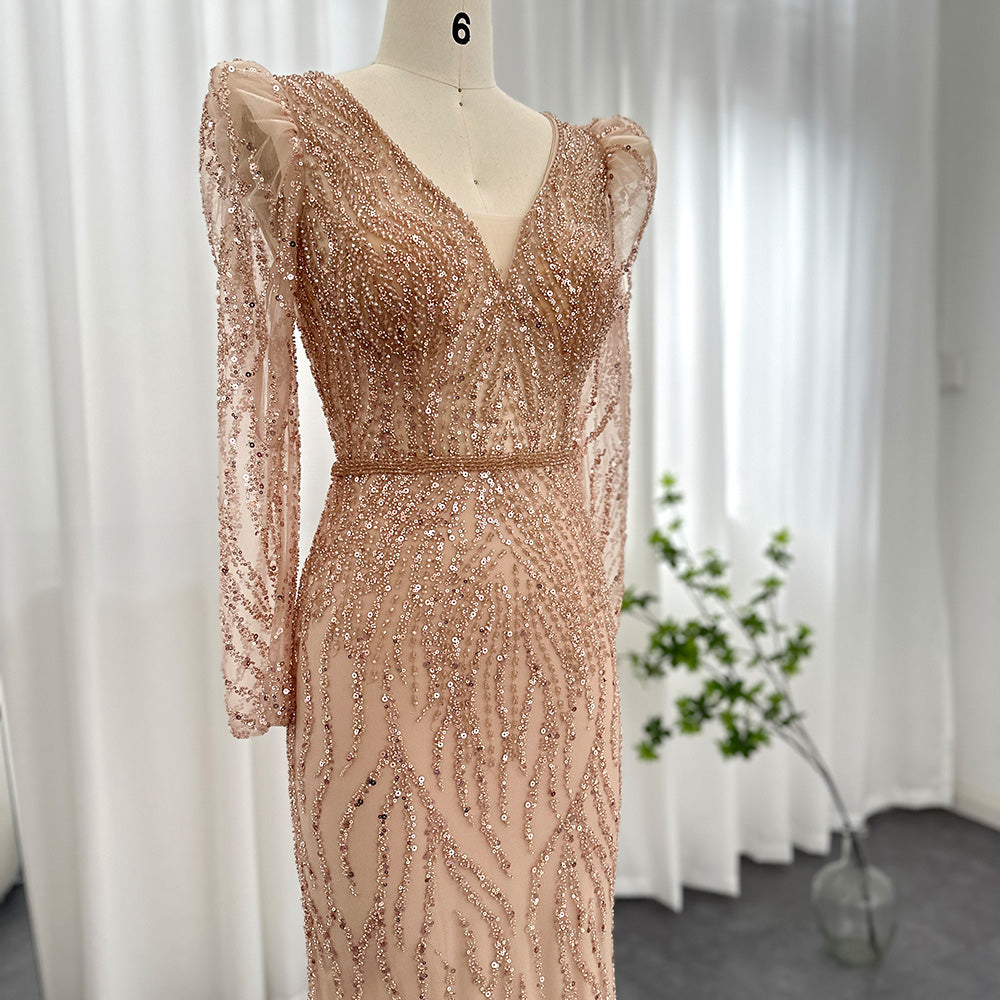Navy Blue Mermaid Evening Dress for Women Wedding Elegant Emerald Green Long Sleeves Arabic Formal Party Gowns SS099