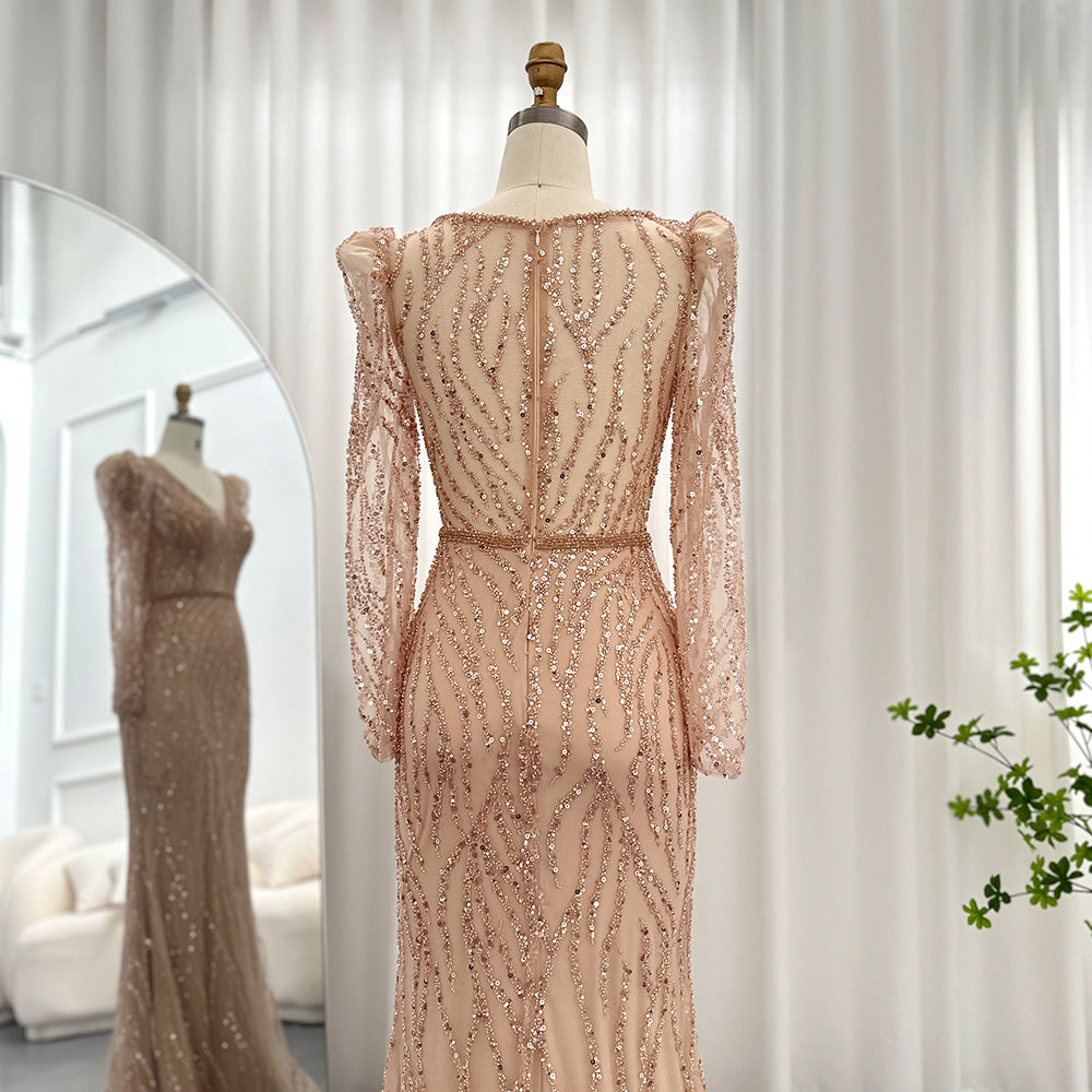 Navy Blue Mermaid Evening Dress for Women Wedding Elegant Emerald Green Long Sleeves Arabic Formal Party Gowns SS099