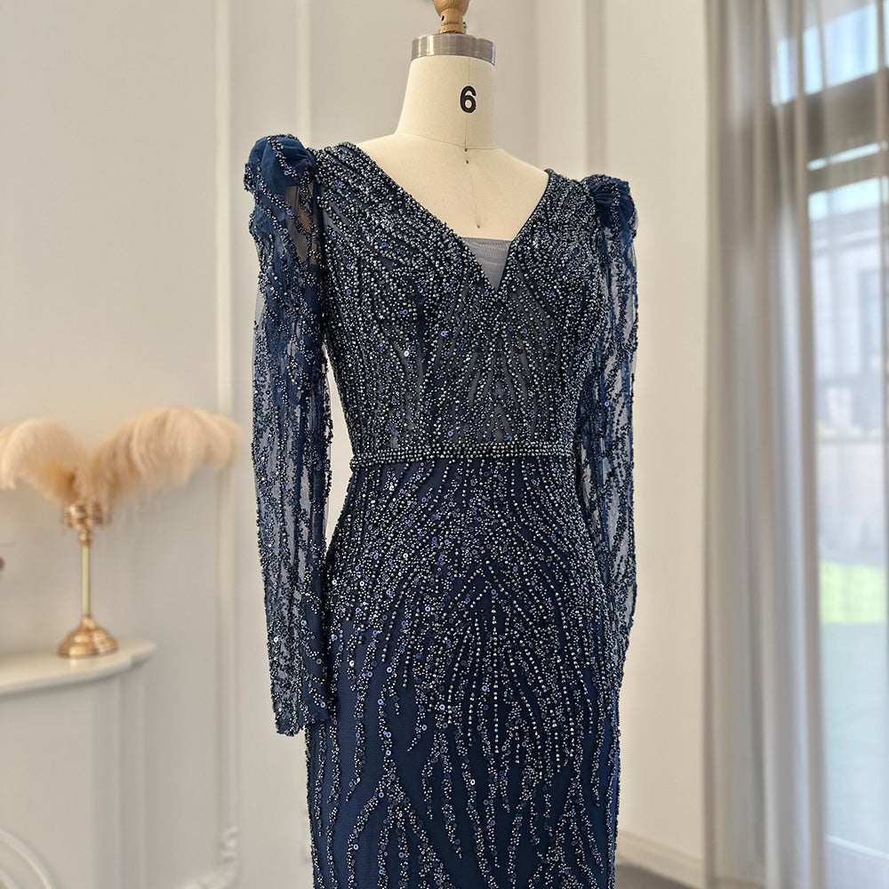Navy Blue Mermaid Evening Dress for Women Wedding Elegant Emerald Green Long Sleeves Arabic Formal Party Gowns SS099