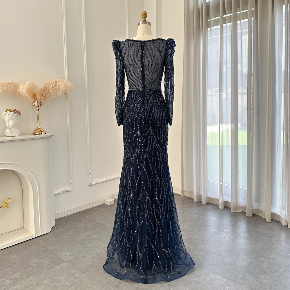 Navy Blue Mermaid Evening Dress for Women Wedding Elegant Emerald Green Long Sleeves Arabic Formal Party Gowns SS099