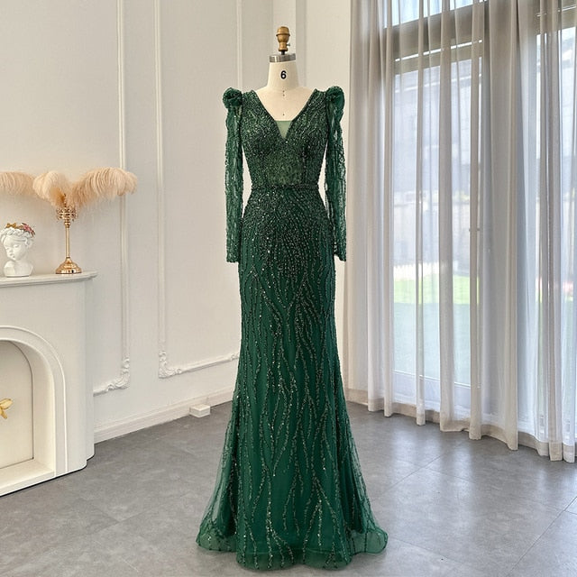 Navy Blue Mermaid Evening Dress for Women Wedding Elegant Emerald Green Long Sleeves Arabic Formal Party Gowns SS099