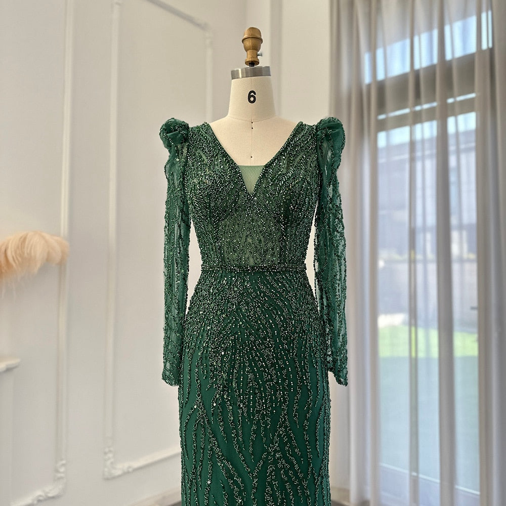 Navy Blue Mermaid Evening Dress for Women Wedding Elegant Emerald Green Long Sleeves Arabic Formal Party Gowns SS099