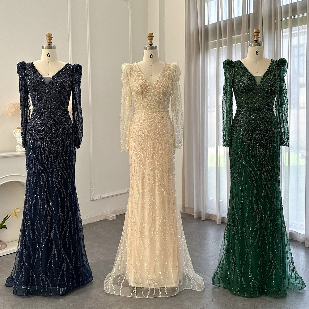 Navy Blue Mermaid Evening Dress for Women Wedding Elegant Emerald Green Long Sleeves Arabic Formal Party Gowns SS099