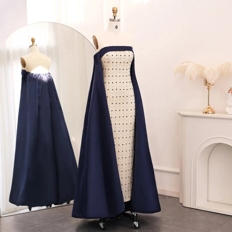 Navy Blue White Strapless Luxury Dubai Evening Dresses with Cape Midi Arabic Women Wedding Party Gowns 2024 SS422