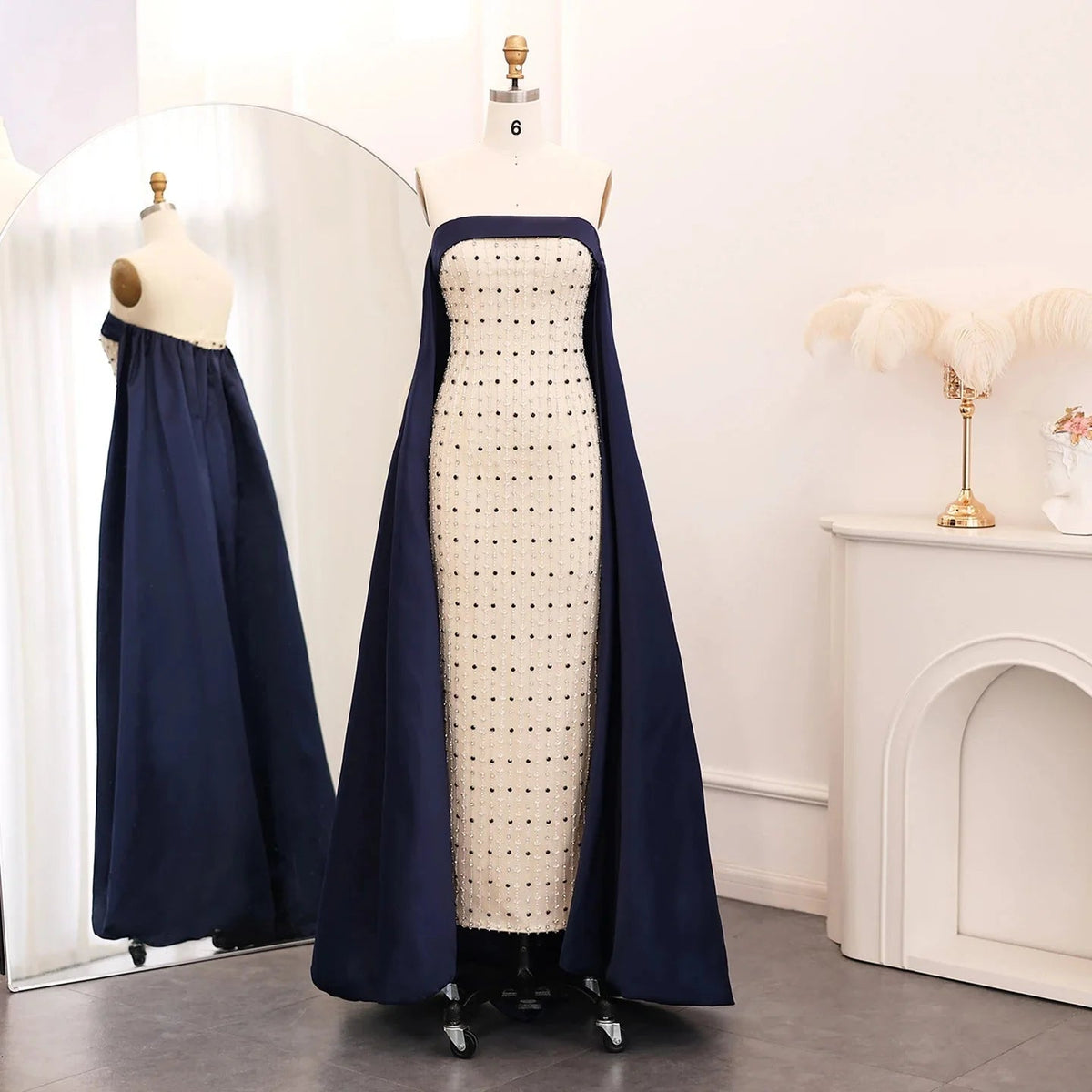 Navy Blue White Strapless Luxury Dubai Evening Dresses with Cape Midi Arabic Women Wedding Party Gowns 2024 SS422