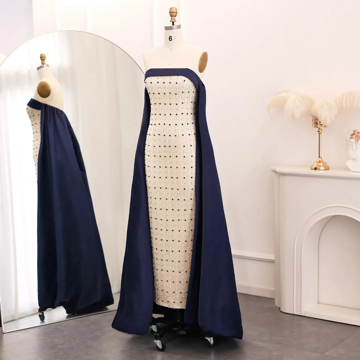 Navy Blue White Strapless Luxury Dubai Evening Dresses with Cape Midi Arabic Women Wedding Party Gowns 2024 SS422