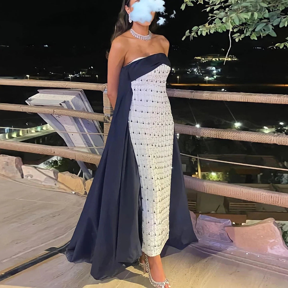 Navy Blue White Strapless Luxury Dubai Evening Dresses with Cape Midi Arabic Women Wedding Party Gowns 2024 SS422