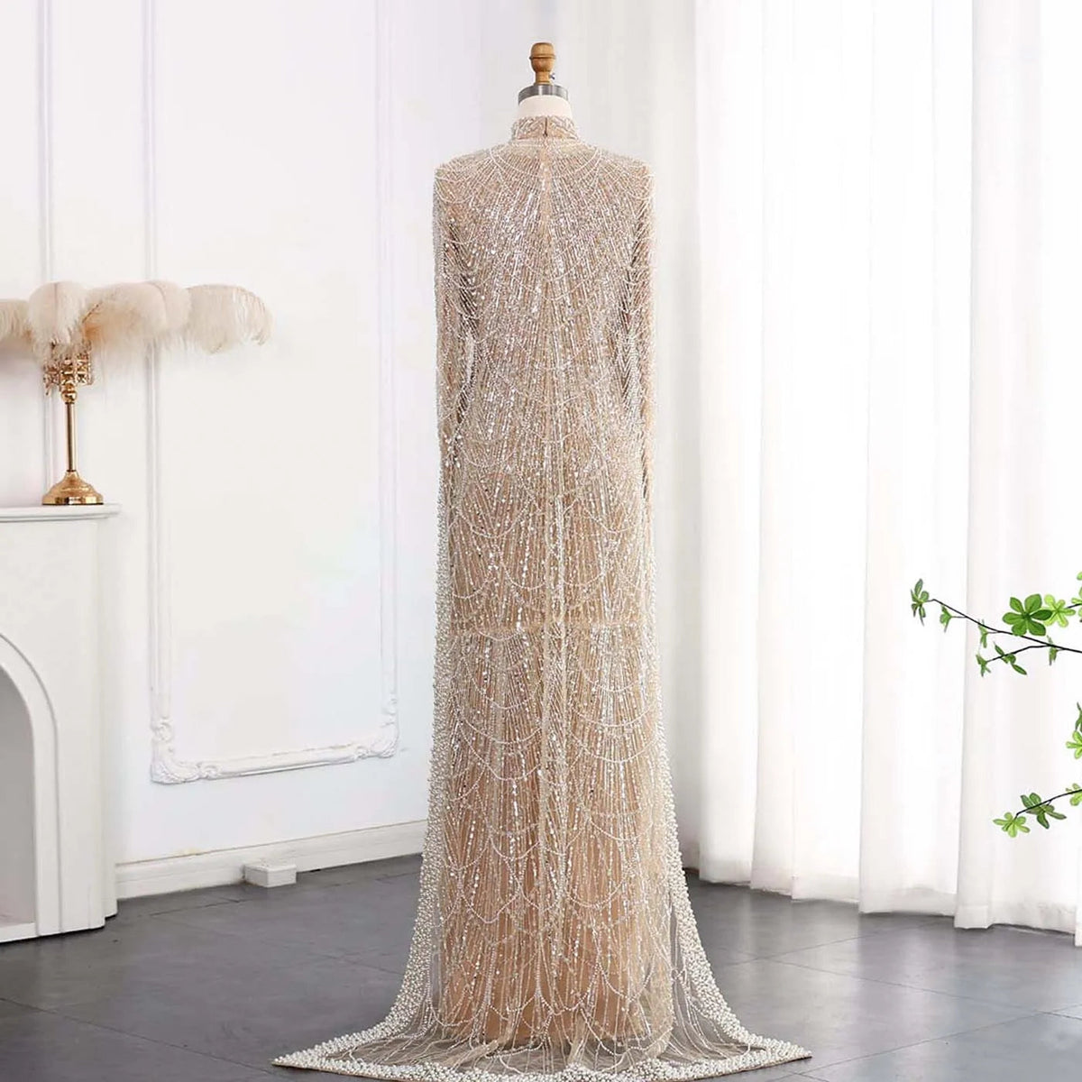 Nude Luxury Long Sleeves Muslim Evening Dresses with Cape SS369A