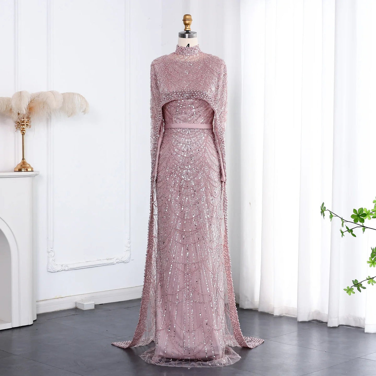 Nude Luxury Long Sleeves Muslim Evening Dresses with Cape SS369A