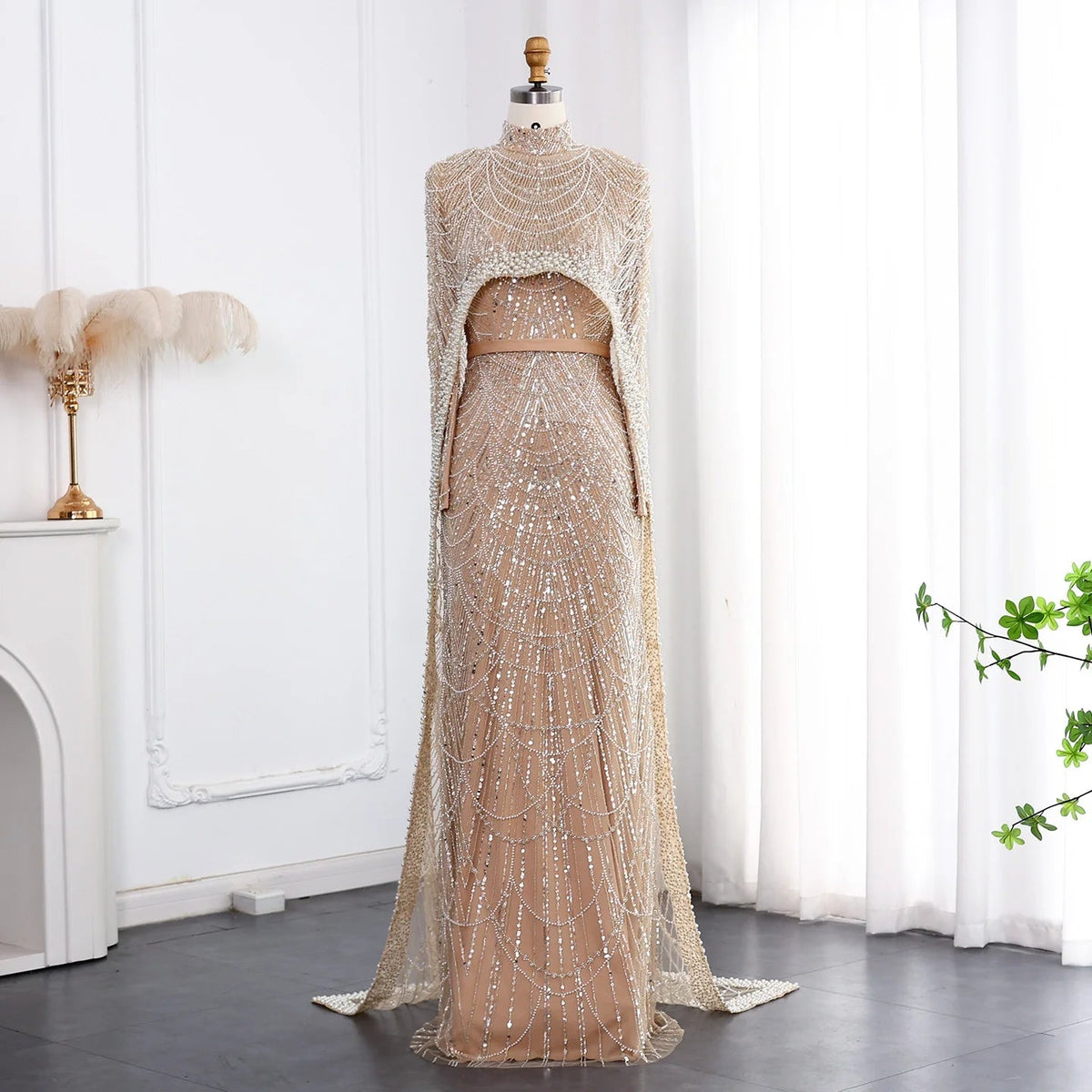 Nude Luxury Long Sleeves Muslim Evening Dresses with Cape SS369A